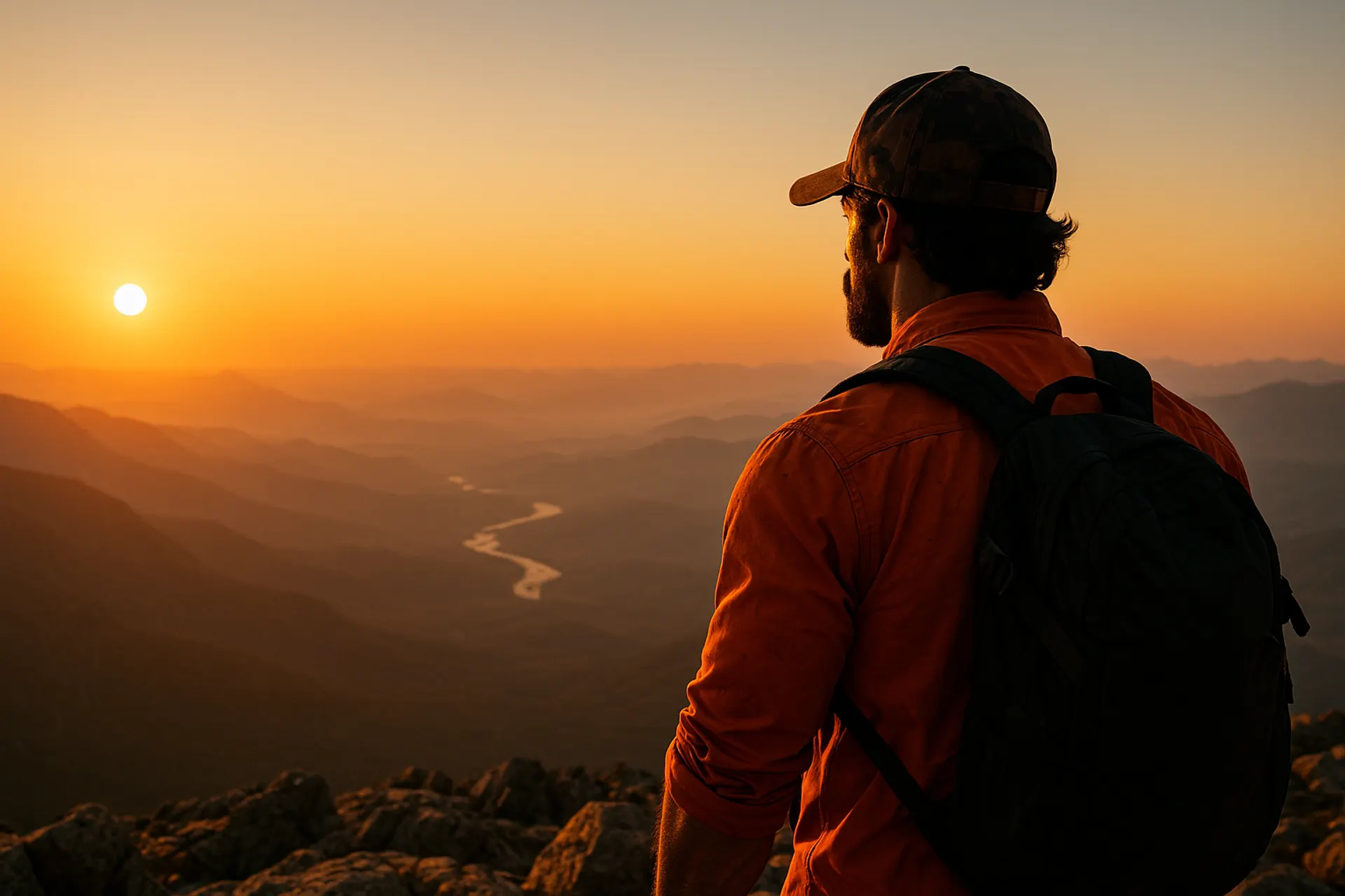 Legendário no cume da montanha ao nascer do sol